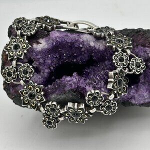 Brighton Garden of Eden Bracelet Silver Plate Flowers Black Crystal Vintage 7.25